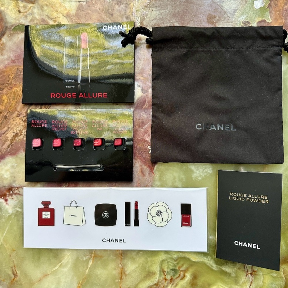 NEW CHANEL ROUGE ALLURE LIP COLOR MATTE POWDER VELVET SAMPLES + DECALS w/ BAG